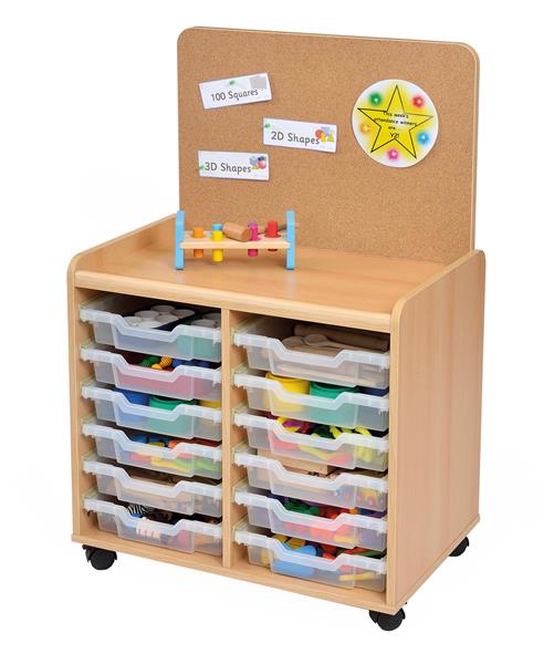 Kebrico TSS Early Years Shallow Tray Storage Unit with Cork Panel and Castors